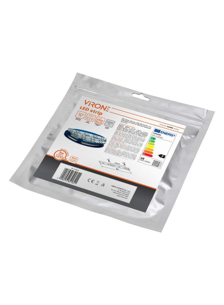 Taśma LED 12V 2835 120L/m 9,6W/m IP20 6000K 5m