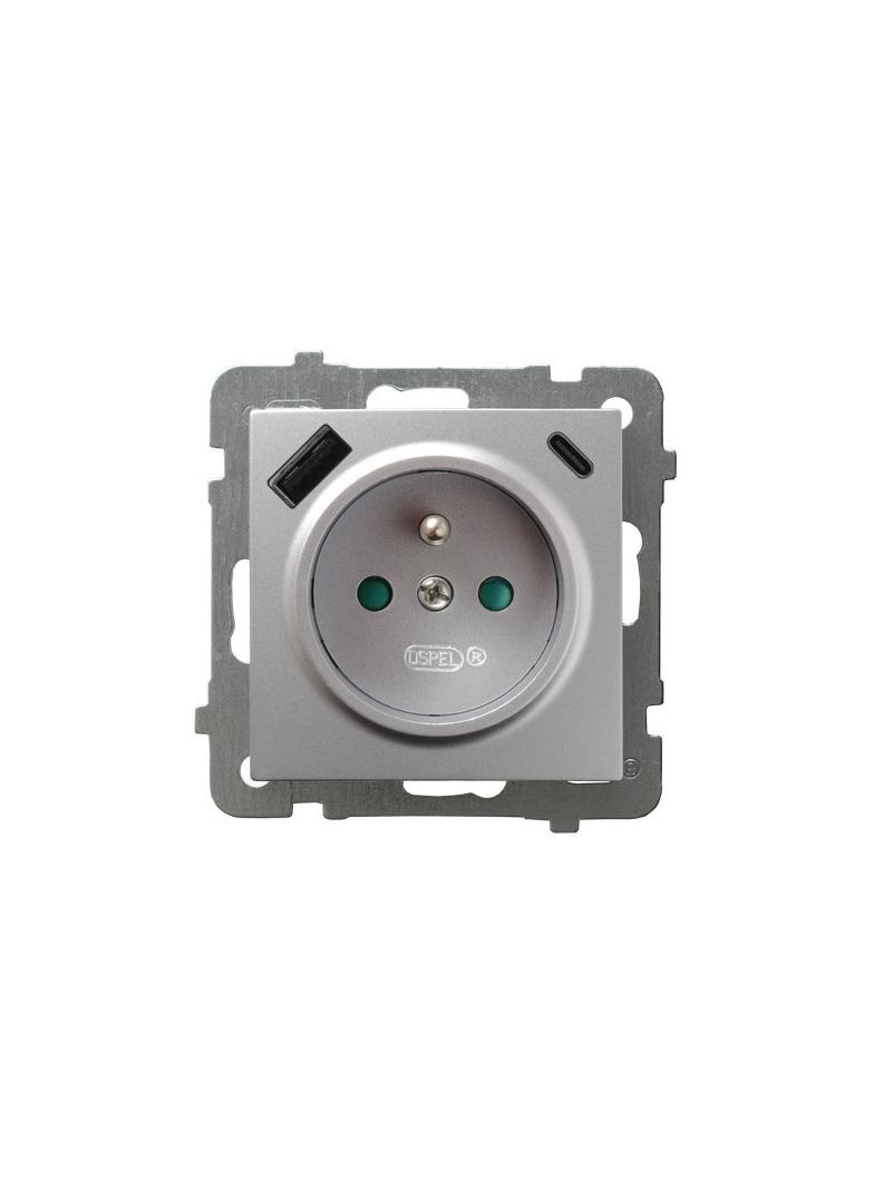 Gniazdo pojedyncze z uziemieniem z ładowarką A+C AS SREBRO