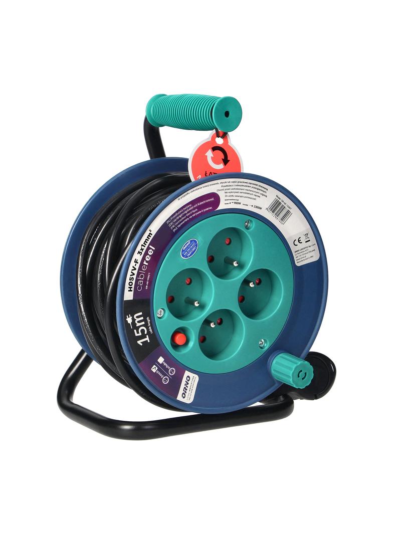 Przedłużacz bębnowy MINI 4 gniazda metalowy stojak polwinit H05VV-F 3x1mm2 długość 15m turkusowy OR-