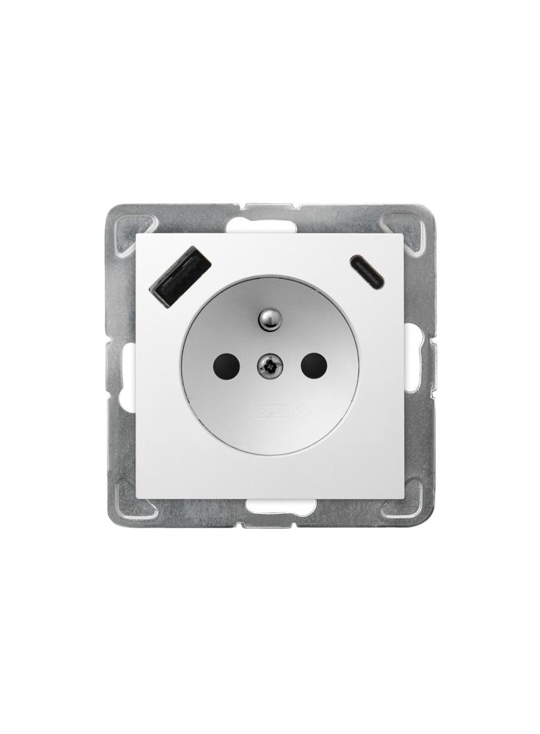 Gniazdo pojedyncze z uziemieniem z ładowarką A+C IMPRESJA BIAŁY