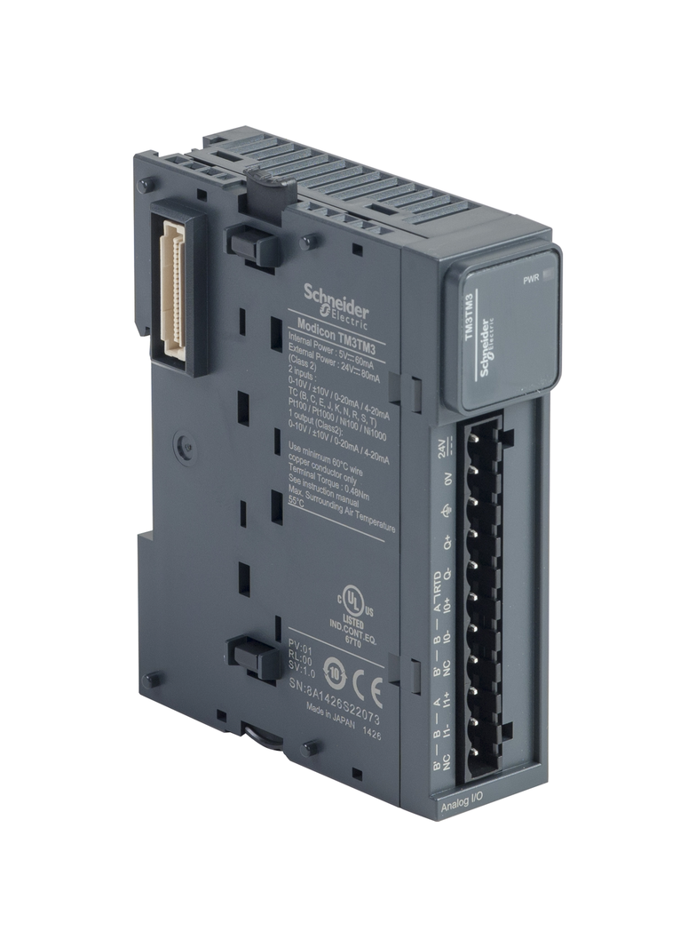Modicon TM3, moduł we/wy analogowych, 2 wejśca temperetura/prąd/napięcie, 1 wyjście prąd/napięcie, z