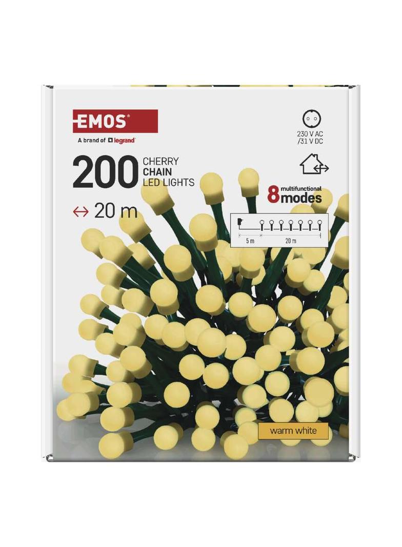 Lampki choinkowe 200 LED cherry 20m ciepła biel zielony przewód IP44 8 programów timer D5AW23 EMOS