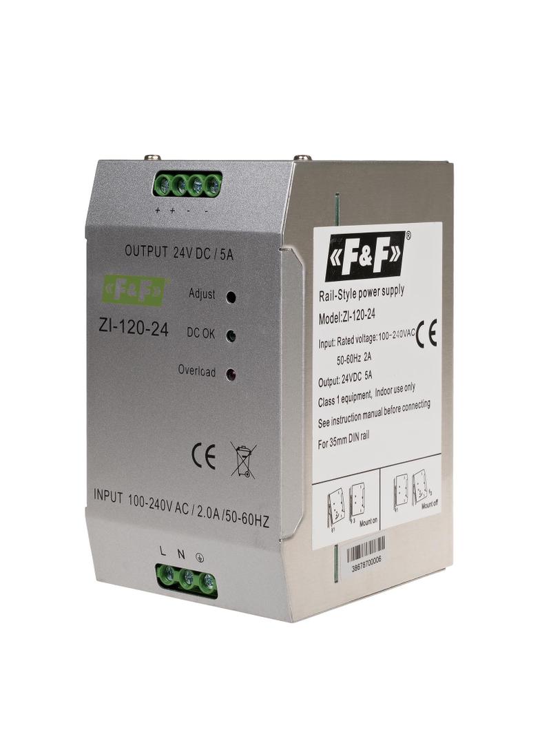 Zasilacz impulsowy przemysłowy nap. wej. 90-264V AC/120-370V DC P=120W nap. Wyj. 24V DC ZI-120-24V F&F
