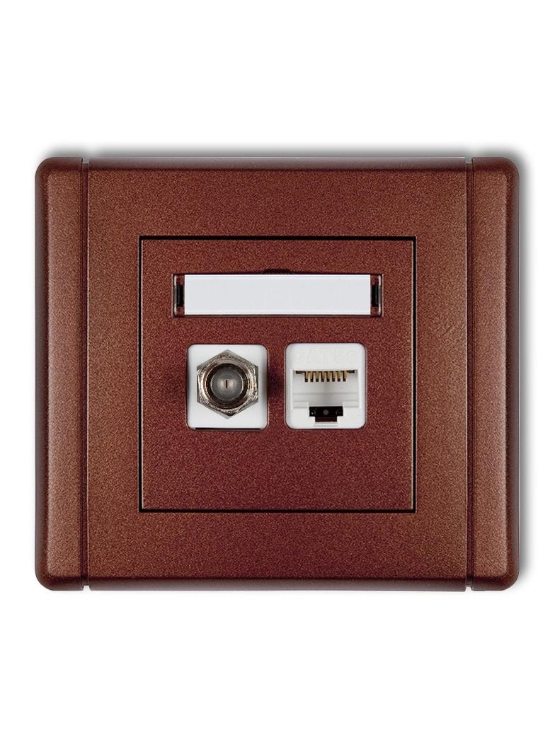 FLEXI Gniazdo antenowe poj. typu F (SAT) + gniazdo komp. poj. 1xRJ45, kat. 5e, 8-stykowe brązowy met