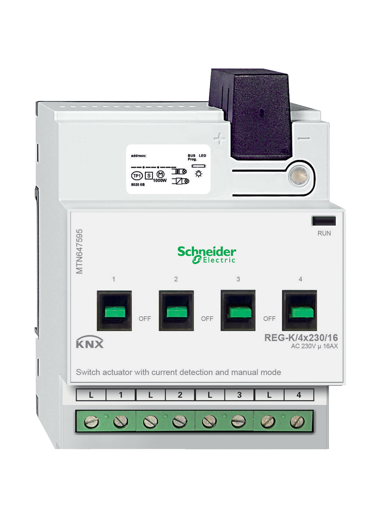 KNX aktor załączający REG-K 4x 230 V 16 A jasnoszary z uruch. ręcz. i det. prądu MTN647595 Schneider