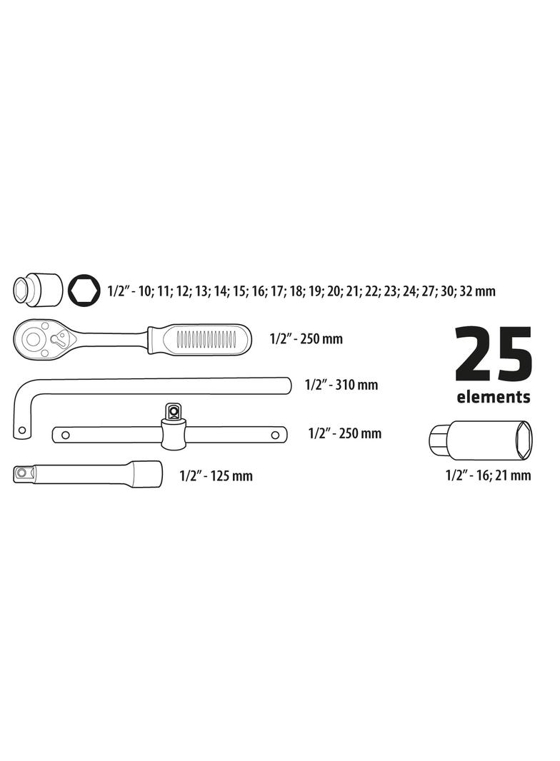 Klucze nasadowe 1/2", metalowa walizka, zestaw 25 szt.