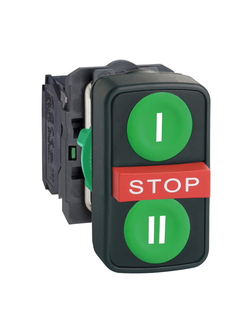 Harmony XB5 Przycisk potrójny zielony/STOP/zielony bez podświetlenia plastikowy I/ STOP/II