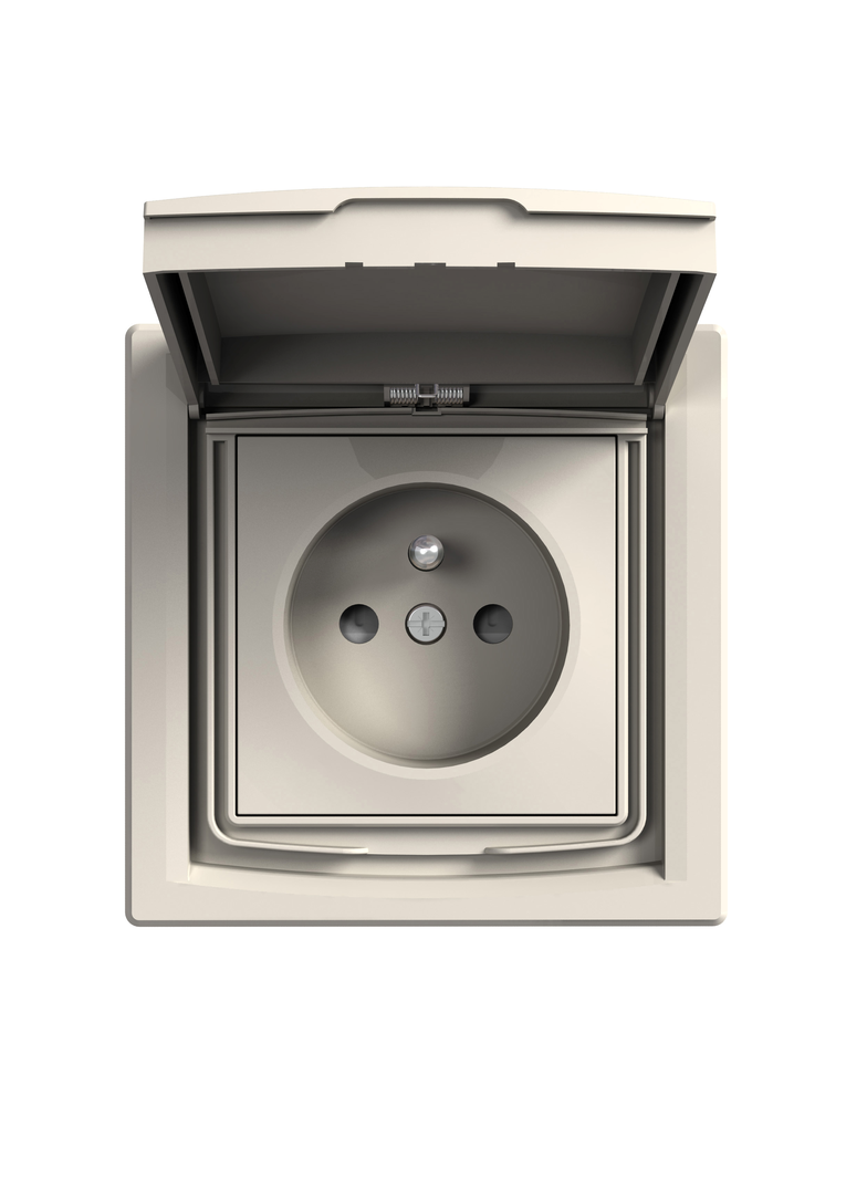 Asfora, gniazdo pojedyncze 2P+PE z przesłonami, IP44, krem