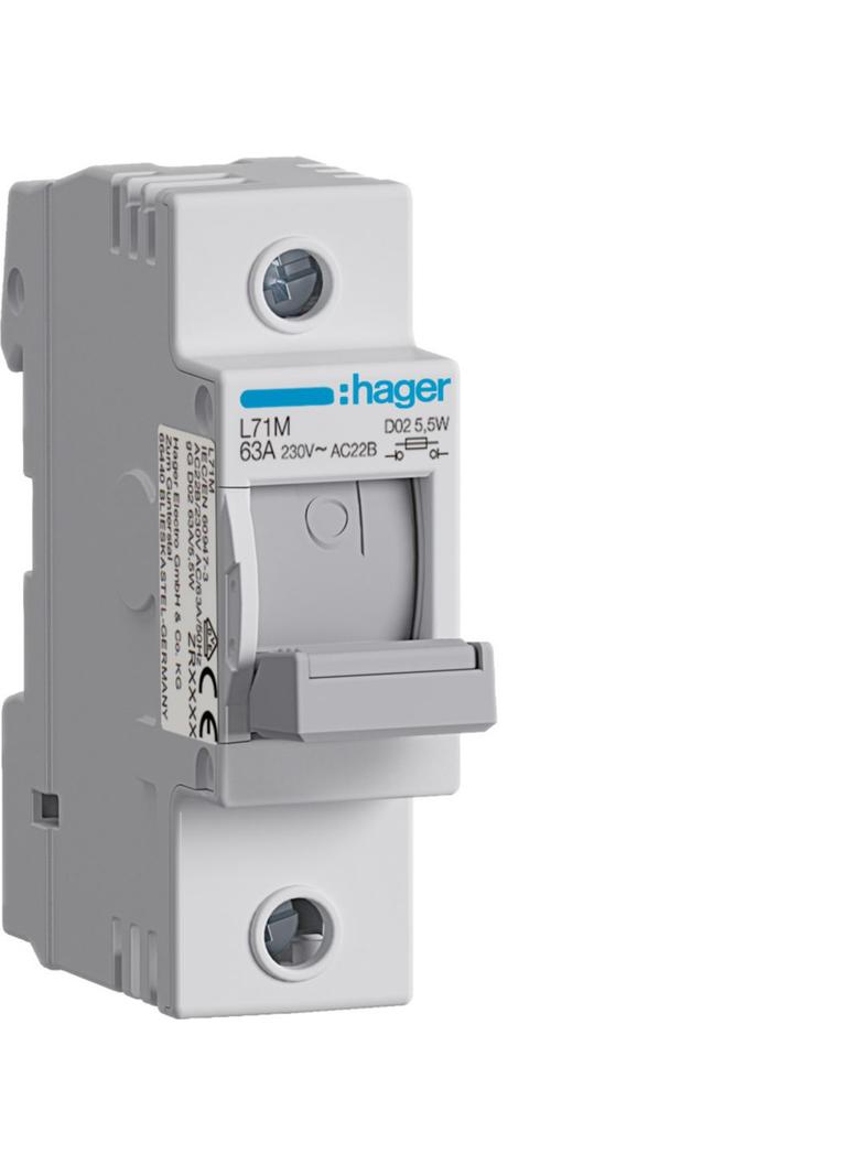 Modułowy rozłącznik bezpiecznikowy poziomy D02 1P 63A 400VAC 110/220VDC L71M HAGER