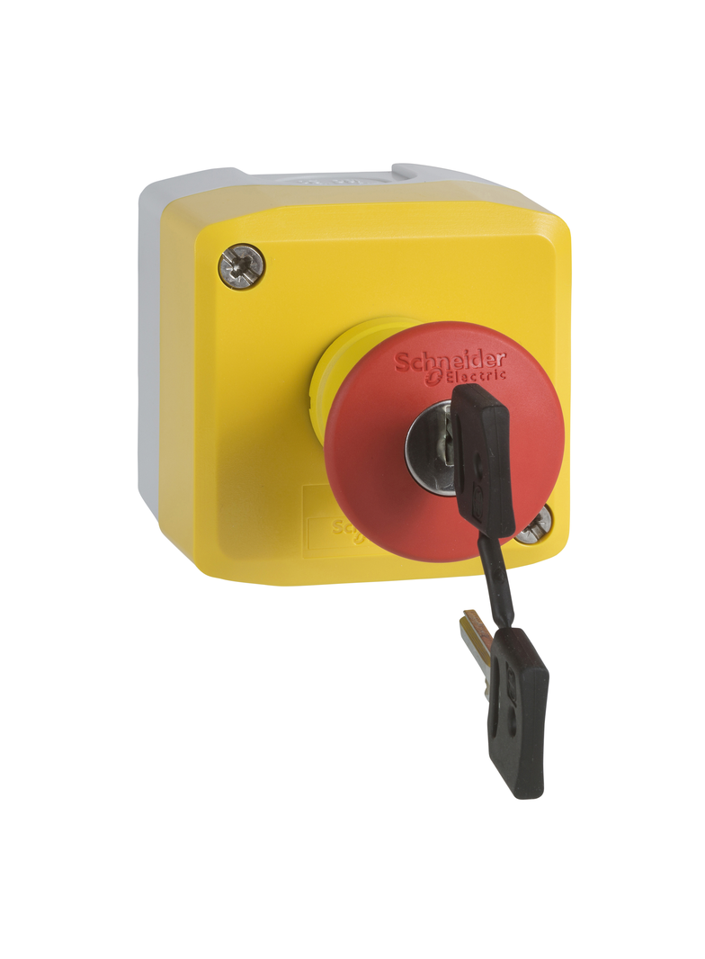 Harmony XALK Żółta stacja 1 czerwony przycisk z głowicą grzybkową O40 zwolnienie kluczem 1NO+1NC