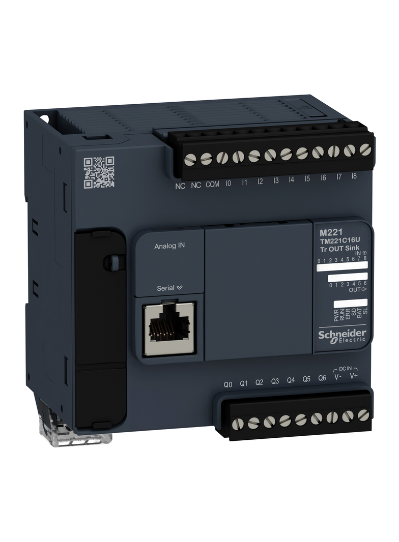 Modicon M221, sterownik kompaktowy, port szeregowy RJ45, 9 wejść, 7 wyjść tranzystorowych NPN, 24 VD