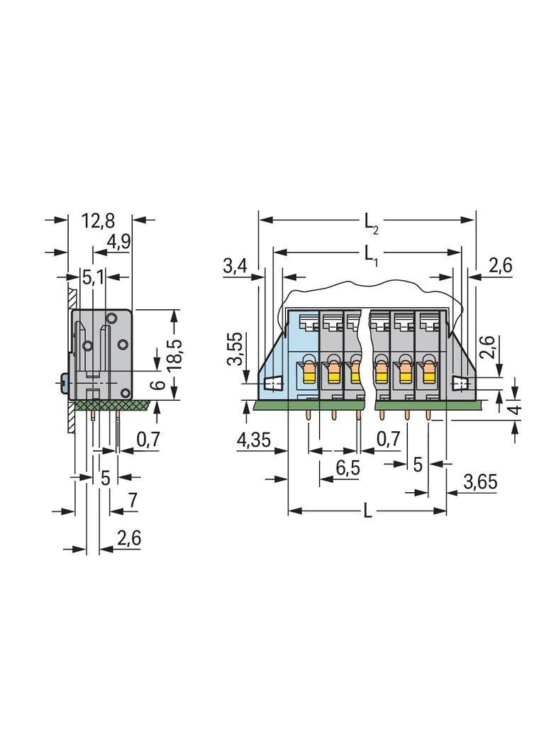 listwa przepustowa do p. drukowanych 3-bieg. szara raster 5 mm /40szt./ WAGO