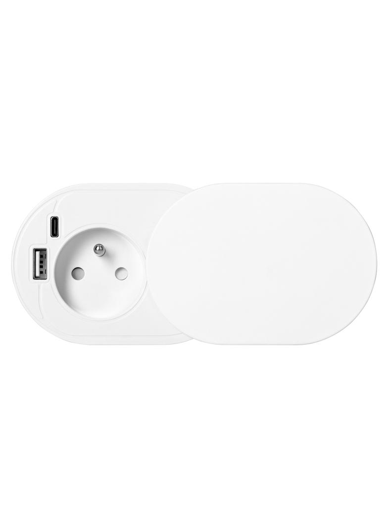 Gniazdo meblowe O6cm, wpuszczane w blat z przesuwną pokrywką, ładowarką USB i przewodem 1,9m, 1x2P+Z