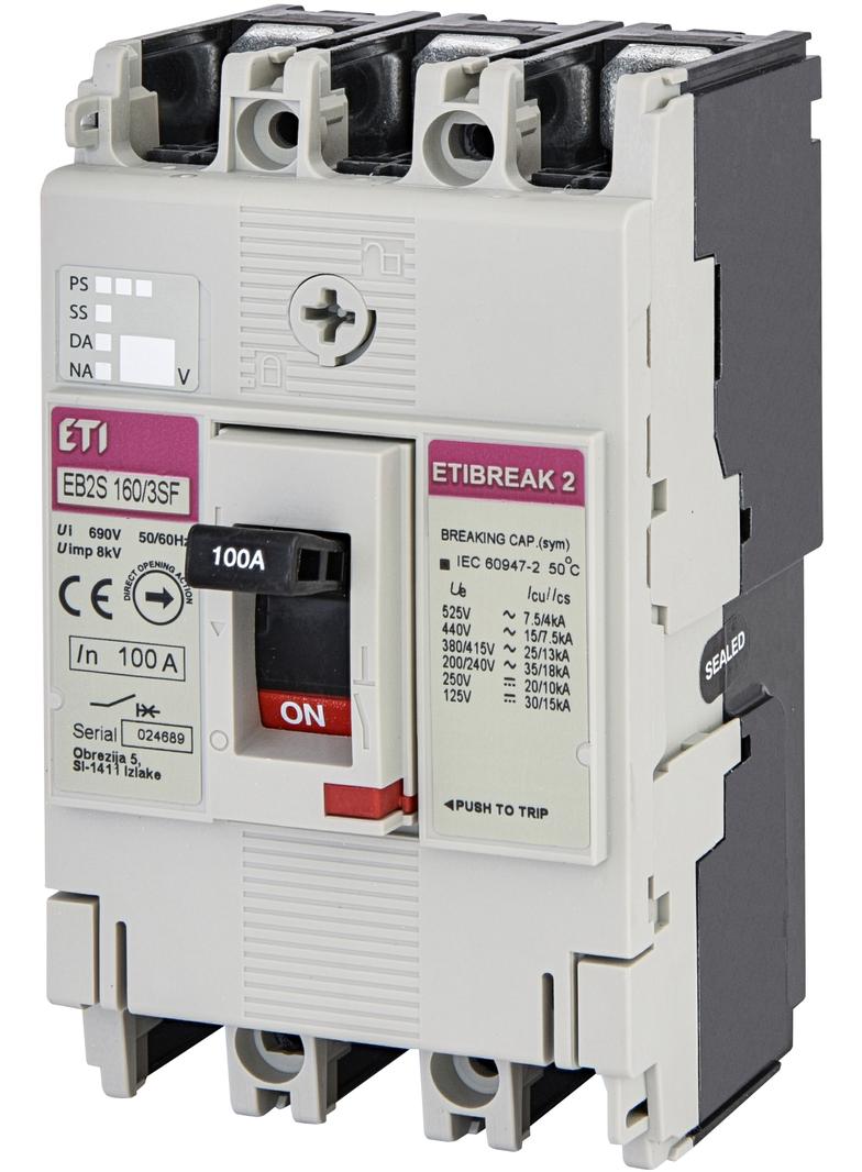 Wyłącznik mocy 3P 25kA wyzw. TM (bez regulacji) EB2S 160/3SF 100A 3P 004671835 ETI