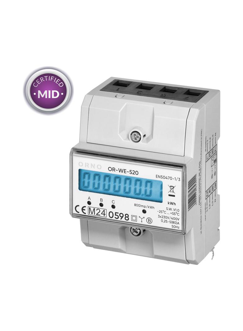 3-fazowy licznik energii elektrycznej 80A MID 3 moduły DIN TH-35mm OR-WE-520 ORNO