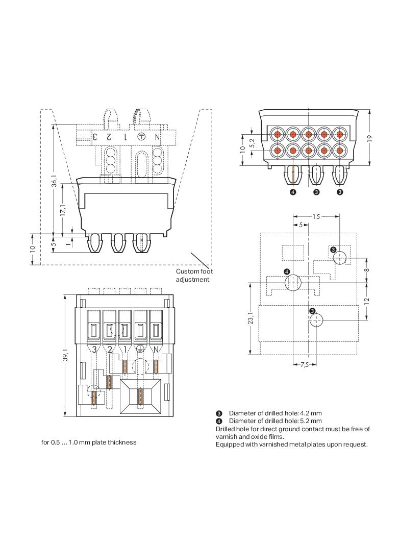 gniazdo przelotowe PE 5-torowe