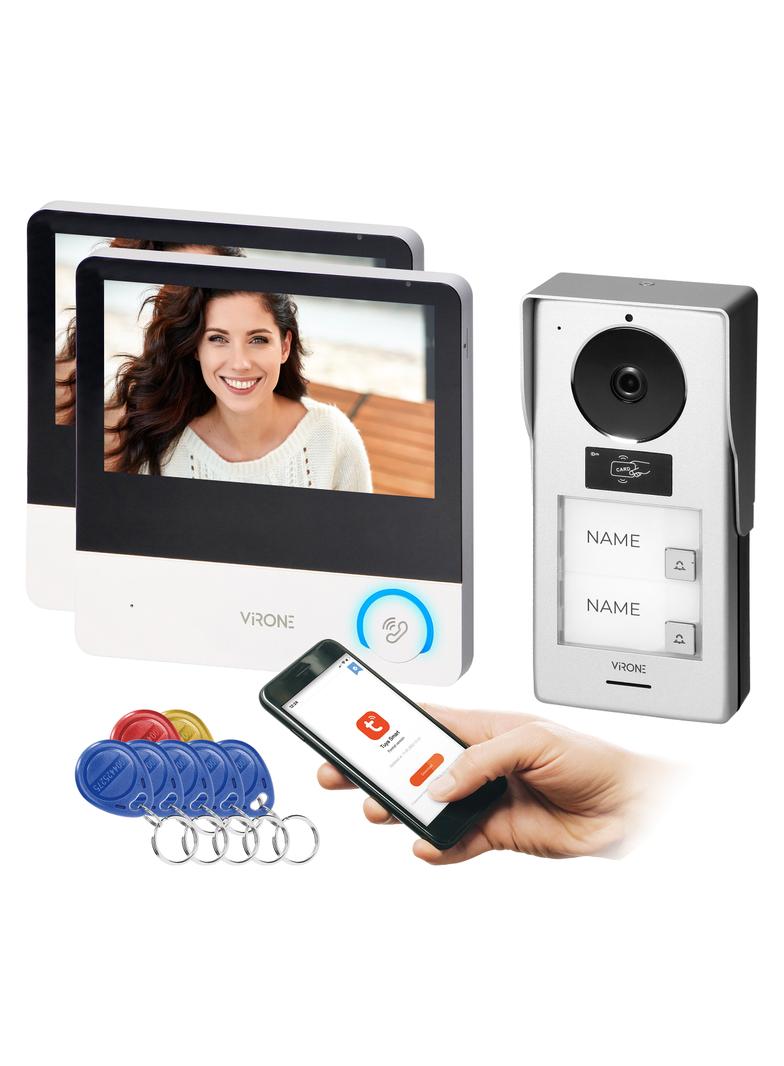 Wideodomofon Dwurodzinny WIFI Domofon breloki 2 monitory 7 cali aplikacja TUYA ORNO