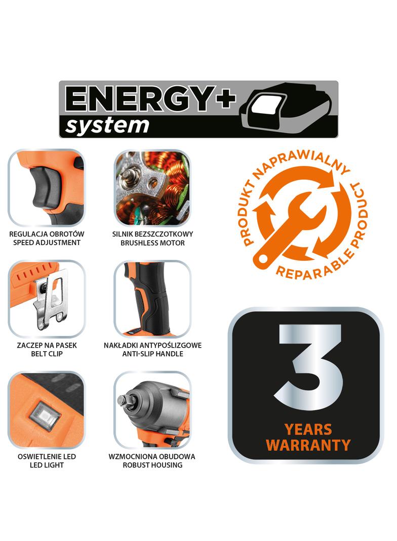 Klucz udarowy bezszczotkowy 18V, 850Nm, 1/2”, Energy+, bez akumulatora