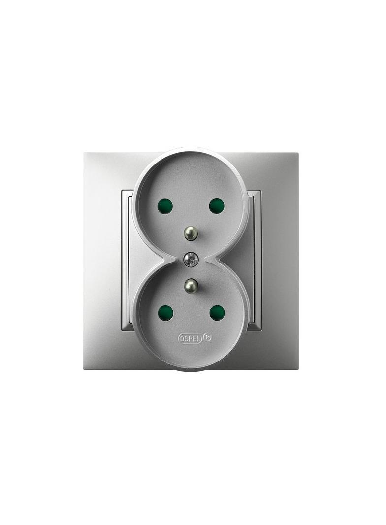 ARIA Gniazdo podwójne z uziemieniem z przesłonami torów prądowych, kompletne z ramką - kolor srebro