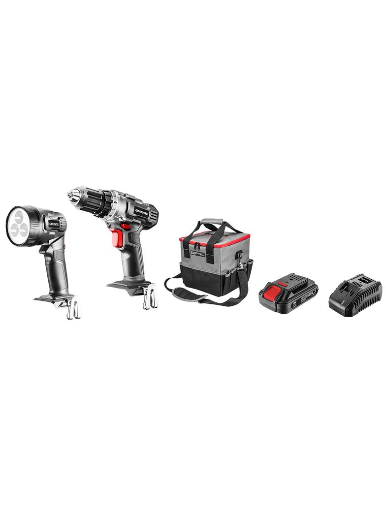 Zestaw elektronarzędzi akumulatorowych: wiertarko-wkrętarka, latarka, torba, akumulator Energy+ 18V,