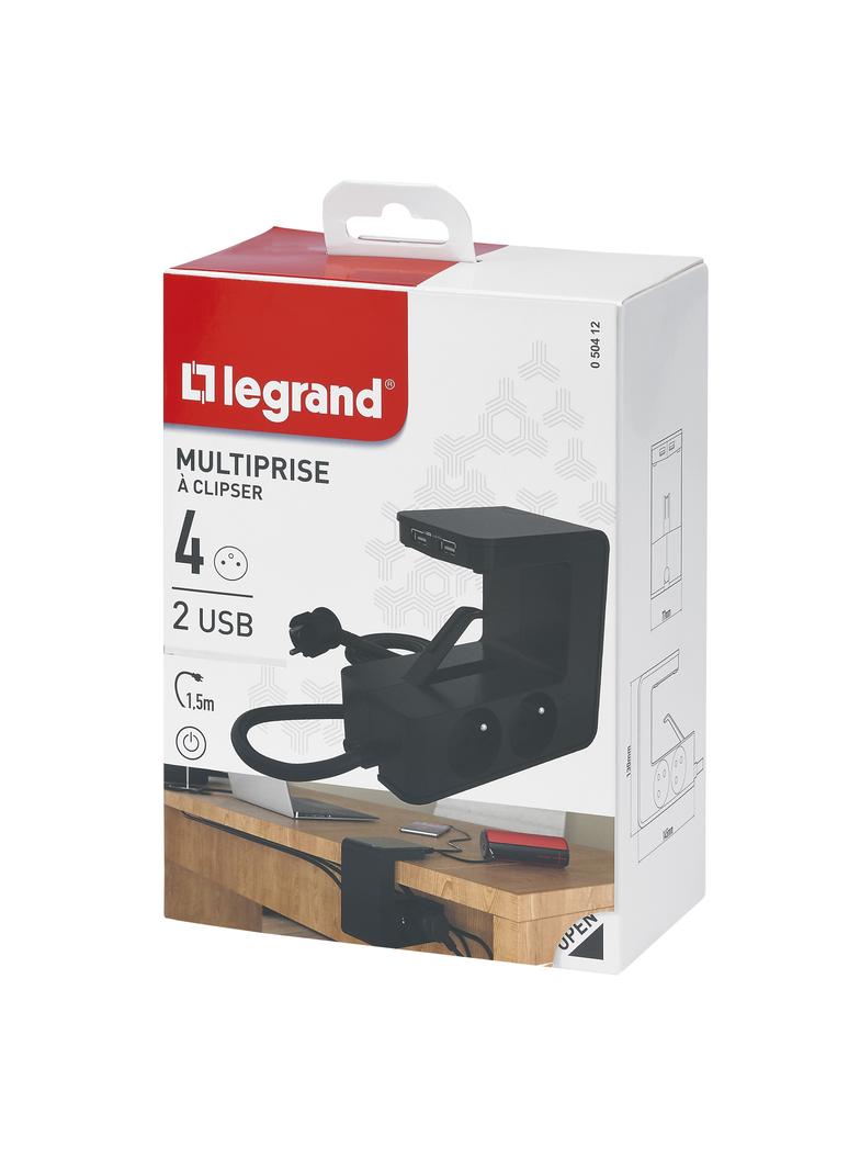 PRZEDŁUŻACZ Z KLIPSEM 4X2P+Z, 2XUSB A, Z PRZEWODEM 1.5 METRA 3X1.5 MM2 - CZARNY, Legrand