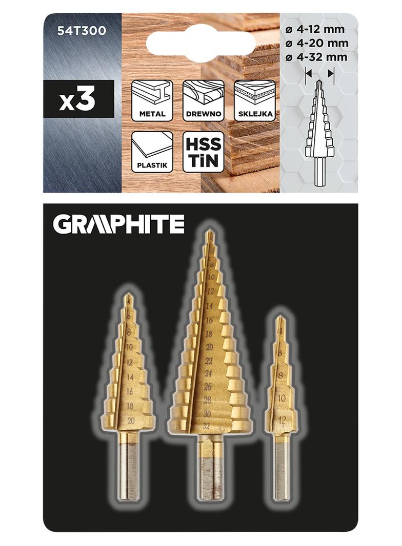 Wiertła stopniowe: 4-12, 4-20, 4-32 mm, TiN, zestaw 3 szt.