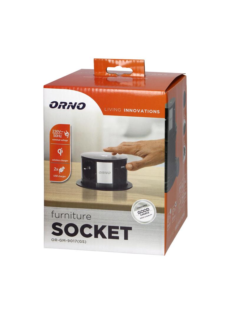 Gniazdo meblowe O10cm wysuwane z blatu z ładowarką indukcyjną, ładowarką USB i przewodem 1,5m, 3x2P+ OR-GM-9017(GS) ORNO