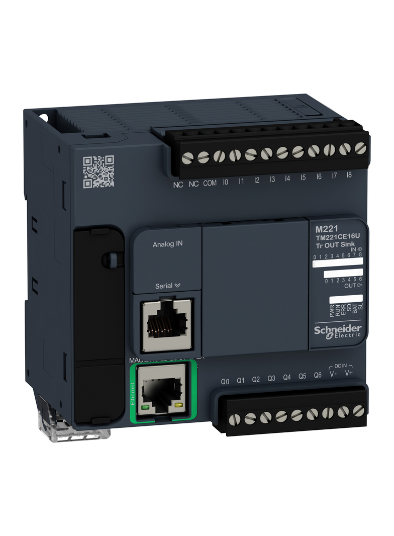 Modicon M221, sterownik kompaktowy, port szeregowy RJ45, Ethernet, 9 wejść, 7 wyjść tranzystorowych