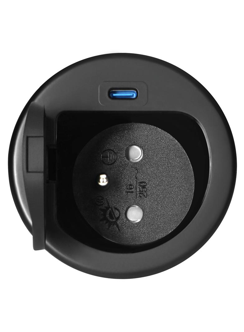 Gniazdo meblowe O6cm wpuszczane w blat z pokrywką, ładowarką USB i przewodem 1,9m, 1x2P+Z (French),