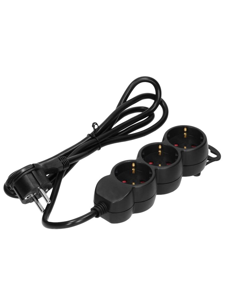 Przedłużacz 3-krotny 2P+Z (Schuko) , 3m H05VV-F 3x1,5mm2, Imax=16A, płaska wtyczka, czarny