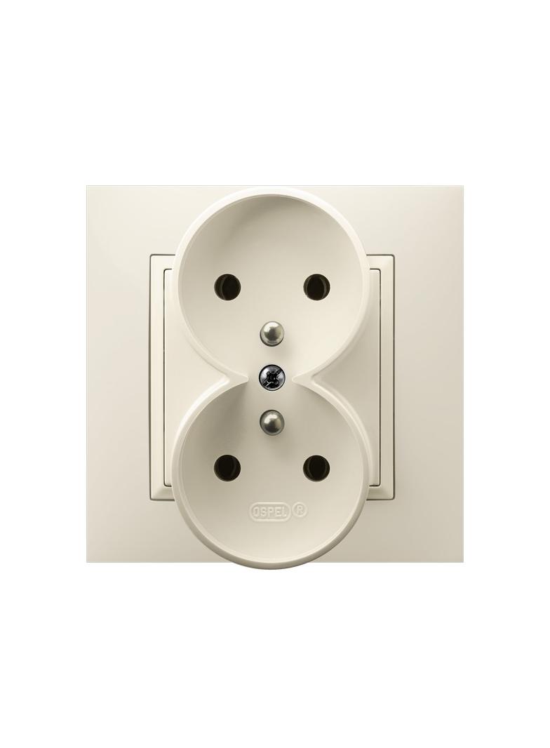 ARIA Gniazdo podwójne z uziemieniem z przesłonami torów prądowych, kompletne z ramką - kolor ecru