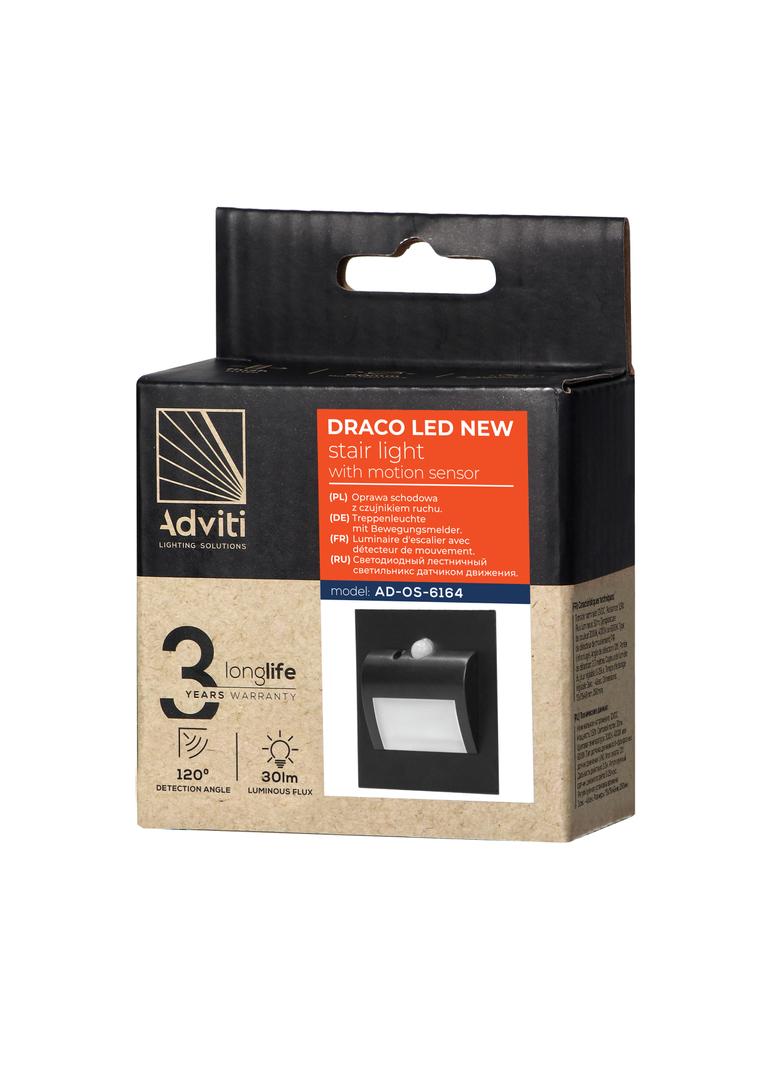DRACO LED NEW 1,5W oprawa schodowa podtynkowa 12VDC 30lm 6000K czarny czujnik ruchu i zmierzch AD-OS