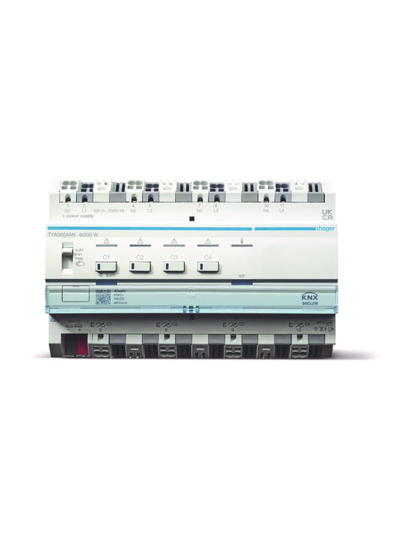KNX e/s Ściemniacz uniwersalny 4-kan 4x300 W, f. sumowania obc. KNX secure TYAS664AN HAGER