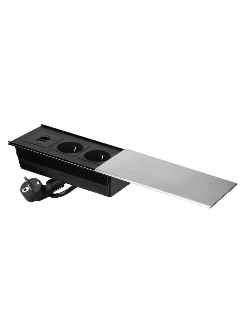 Gniazdo meblowe z przesuwną klapką i przewodem 1,8m, 2x2P+Z (Schuko), 2xUSB (typ A+C; 4,2A), srebrne