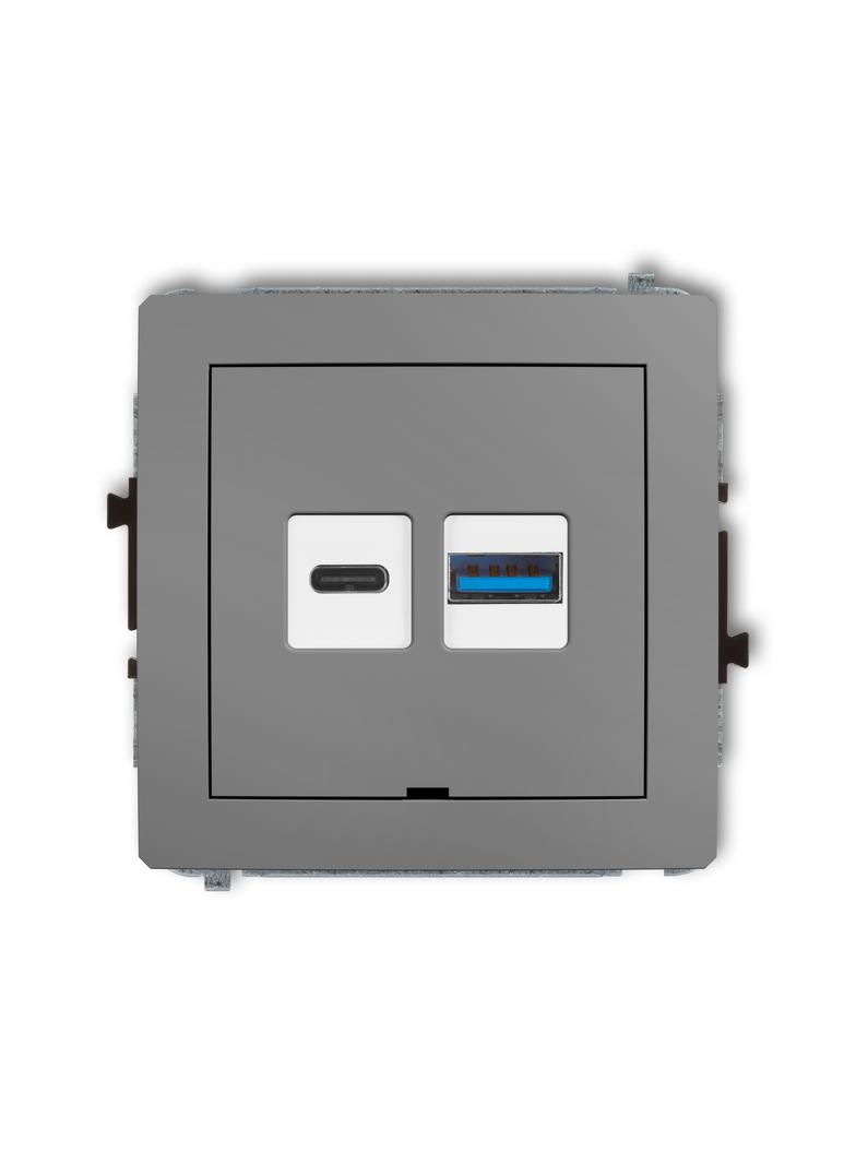 DECO Mechanizm ładowarki USB podwójnej USB C + USB A, 20W max., bez pola opisowego szary mat