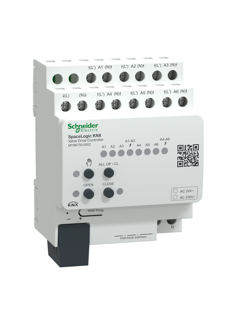 Sterownik napędów zaworowych SpaceLogic KNX, 6 wyjść elektornicznych do 4 (230VAC) lub 2 (24 VAC) na