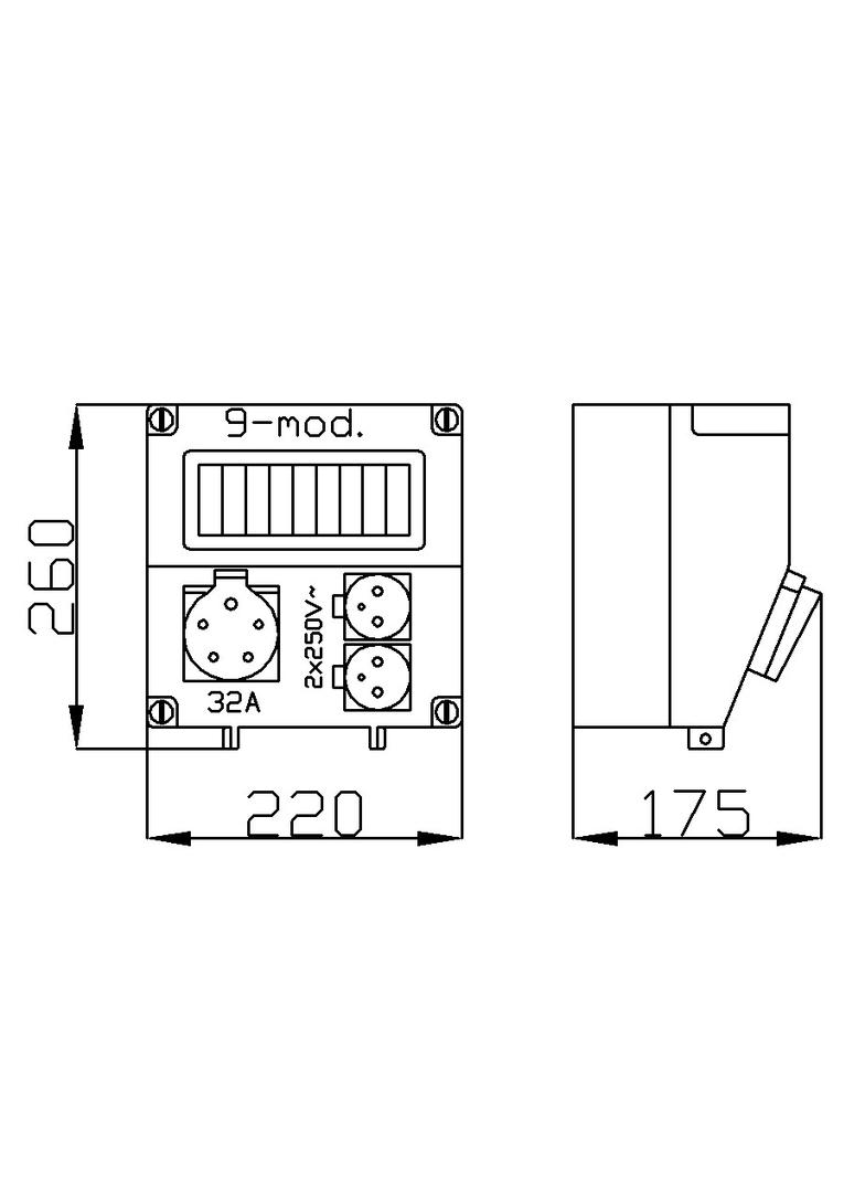 RS 9-mod. 2x2P+Z, 3P+N+Z 32A  IP 44 szara