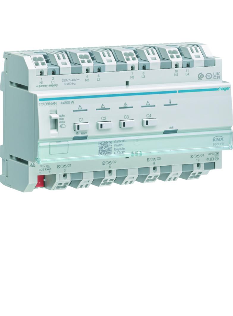 KNX e/s Ściemniacz uniwersalny 4-kan 4x300 W, f. sumowania obc. KNX secure TYAS664AN HAGER