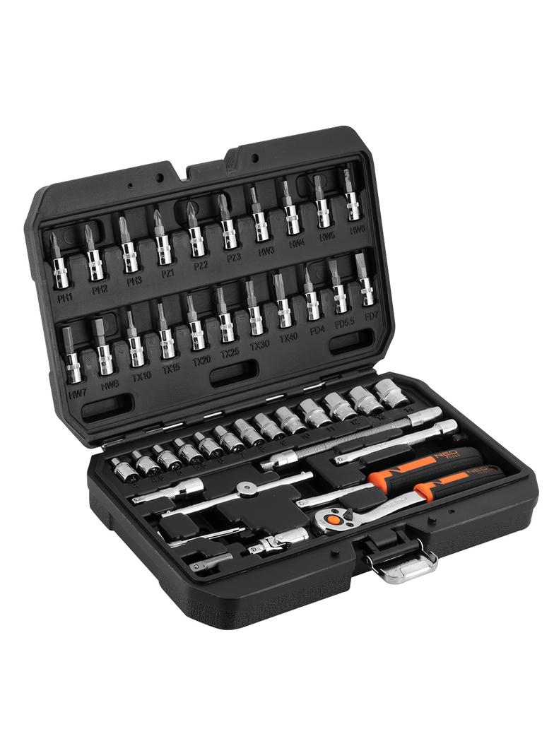 Klucze nasadowe, 1/4”, CrV, zestaw 46 szt.