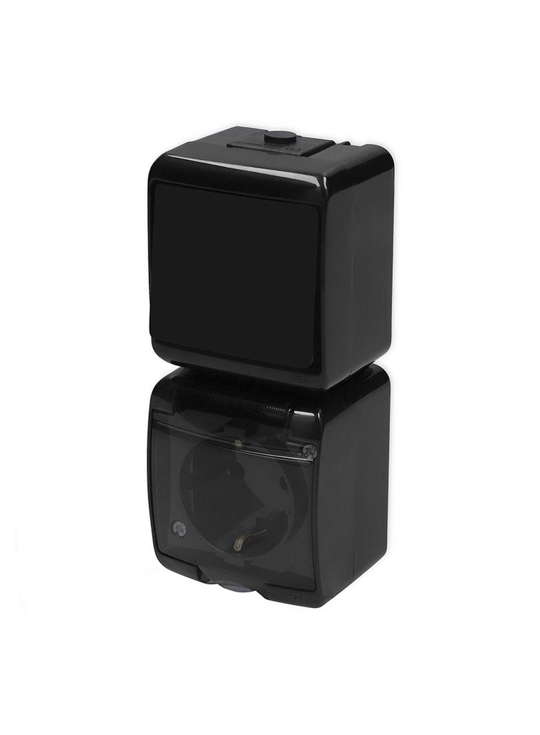 JUNIOR Łącznik schodowy z gniazdem pojedynczym z uziemieniem SCHUKO 2P+Z (klapka dymna; bez przesłon