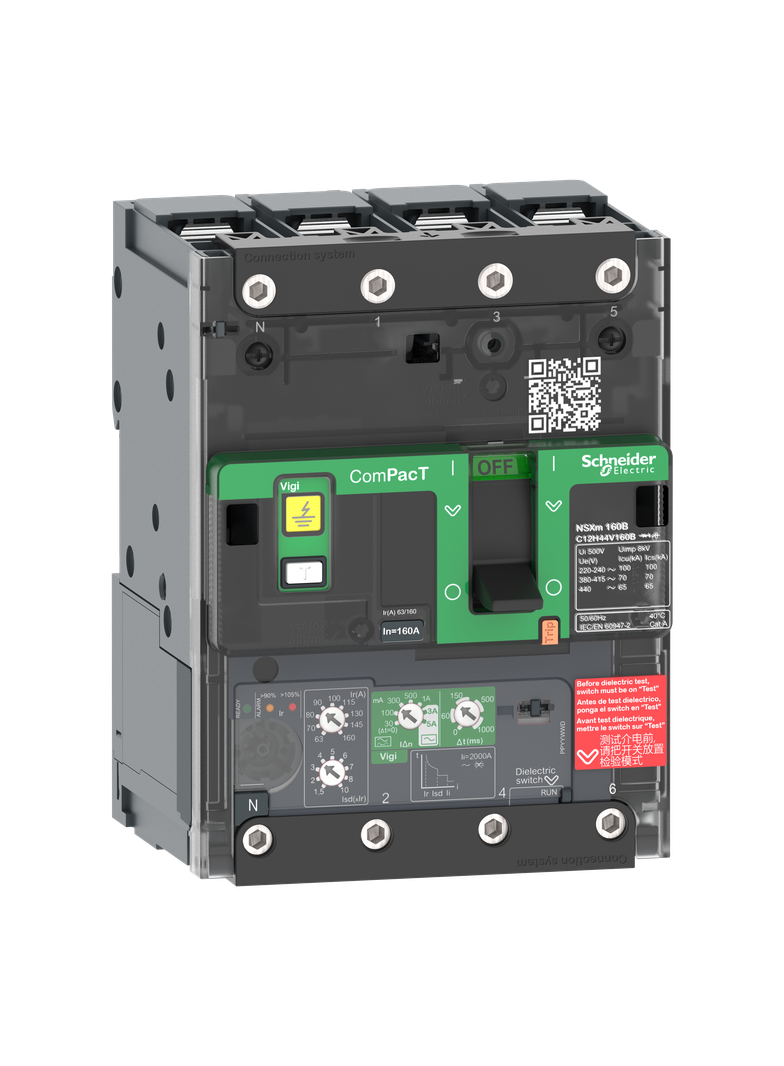 Wyłącznik, ComPacT NSXm, Mic4.1B, 160A, 4P, 25kA, Vigi, zaciskane końcówki kablowe