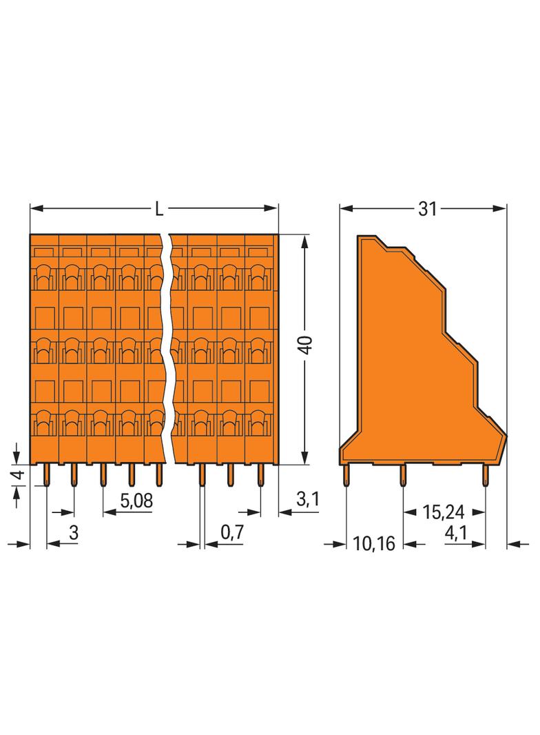 3-piętrowa listwa do pł. drukowanych 16-bieg. pomarańczowa raster 5,08 mm