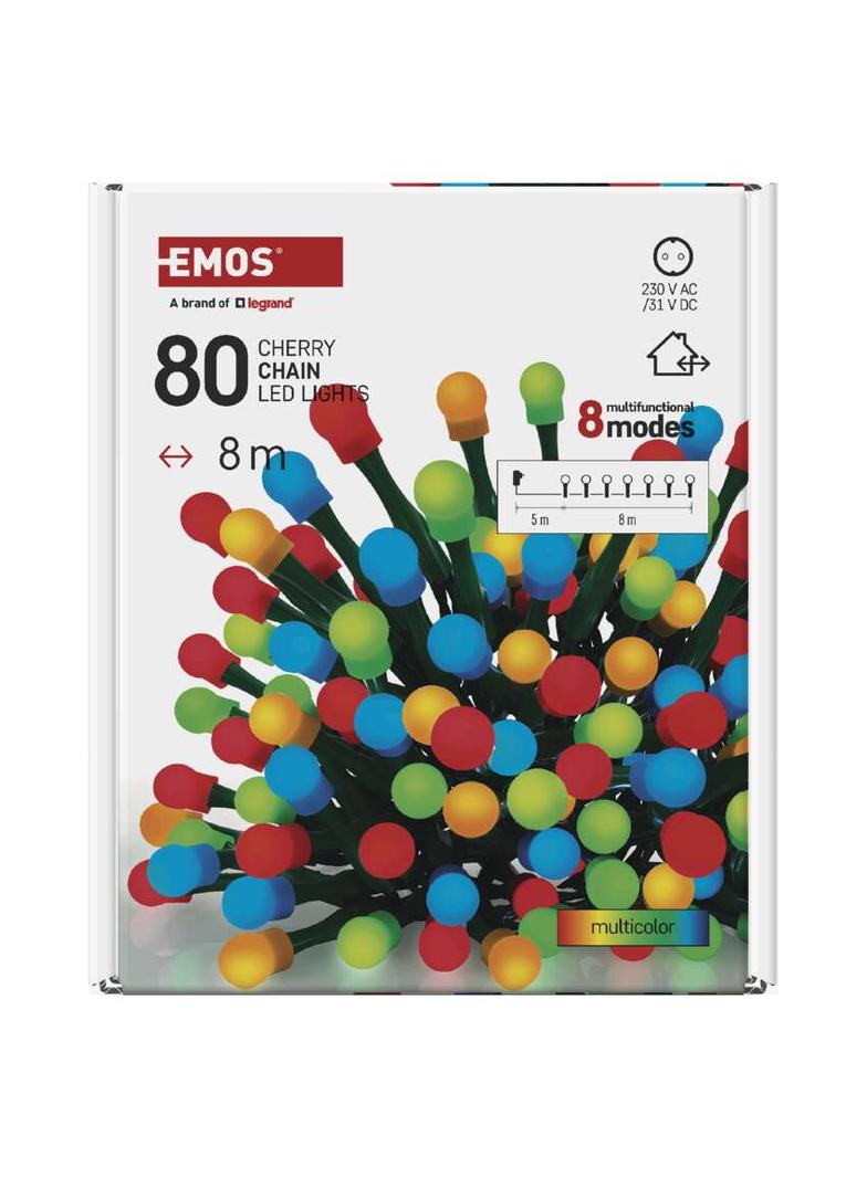 Lampki choinkowe 80 LED cherry 8m multikolor zielony przewód IP44 8 programów timer D5AM22 EMOS
