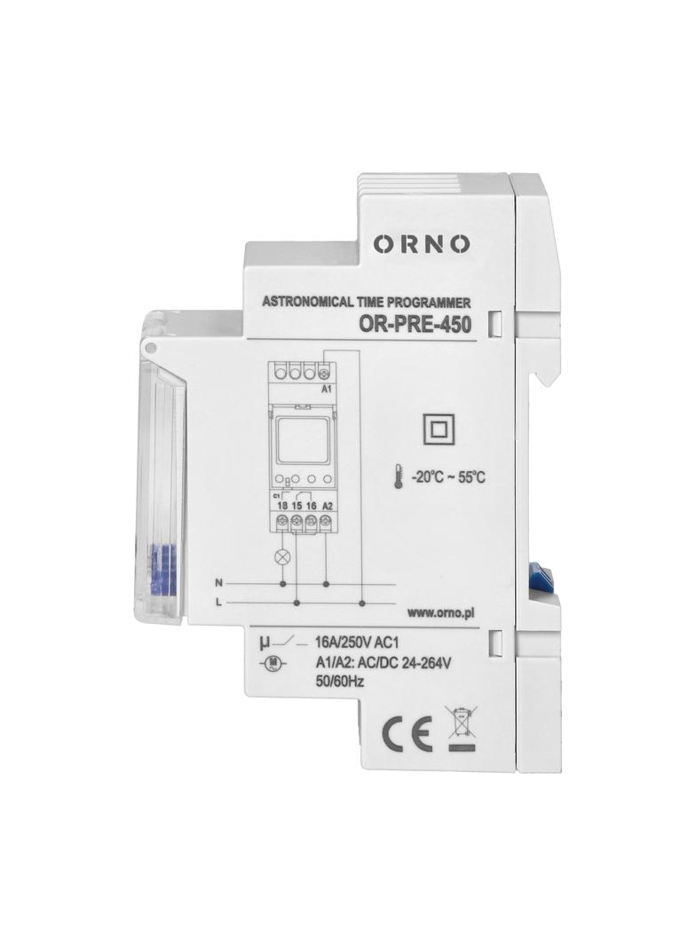 Elektroniczny programator czasowy, 100 programów, 3 języki menu, 1 wyjśćie przekaźnikowe 16A/230V, s OR-PRE-450 ORNO