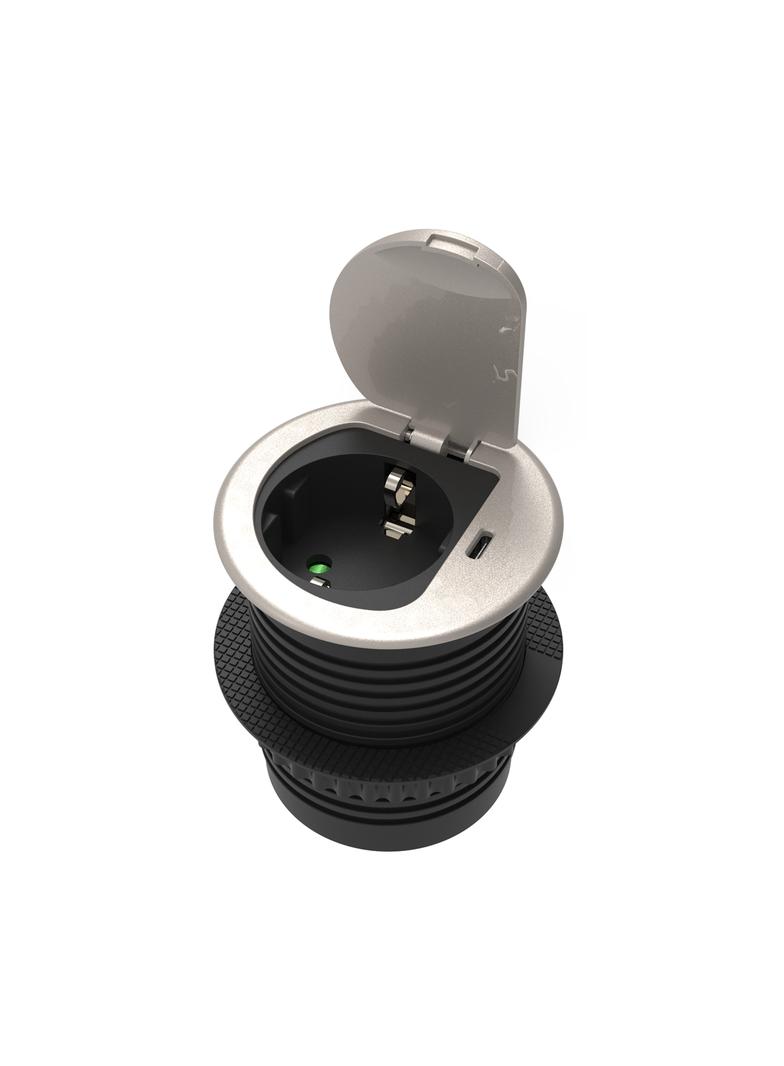Gniazdo meblowe O6cm wpuszczane w blat z pokrywką, ładowarką USB i przewodem 1,9m, 1x2P+Z (Schuko),