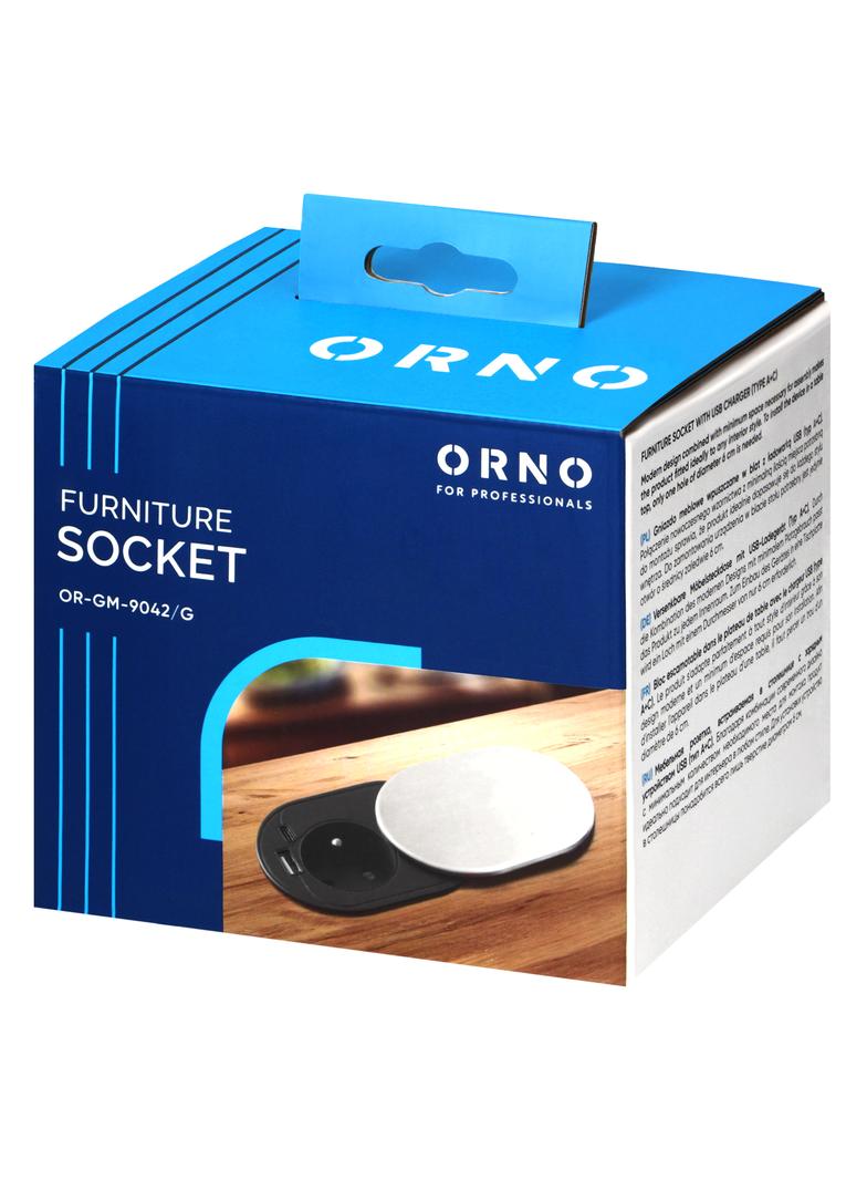 Gniazdo meblowe O6cm, wpuszczane w blat z przesuwną pokrywką, ładowarką USB i przewodem 1,9m, 1x2P+Z