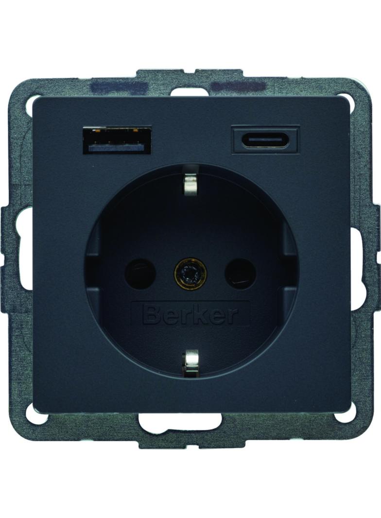 Q.x Gniazdo SCHUKO z gniazdem ładowania USB 2,4A samozacisk; antracyt aksamit 48146086 HAGER
