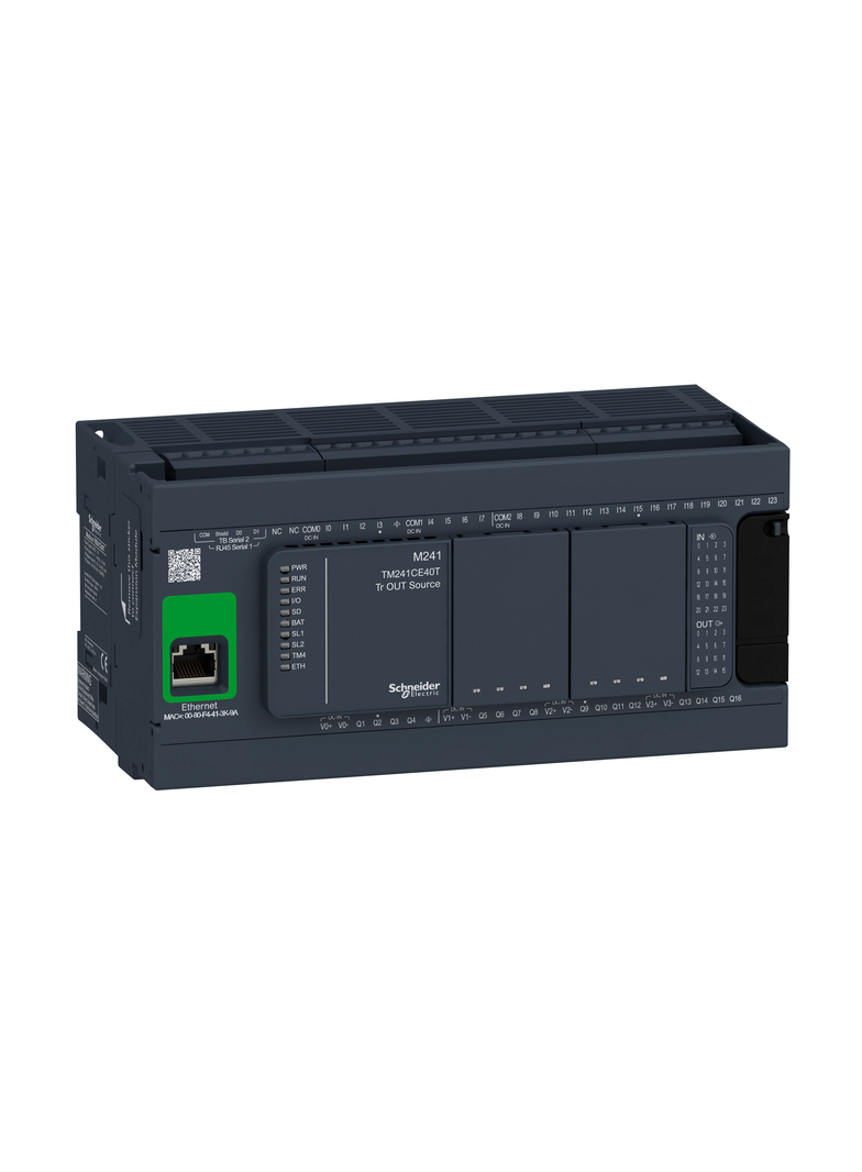 Modicon M241, sterownik, RJ45, Ethernet, 24 wejść, 16 wyjść tranzystorowych PNP, 24 VDC