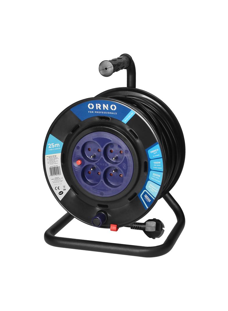 Przedłużacz bębnowy, 4 gniazda 2P+Z, kabel PVC H05VV-F 3x1,5mm2, długość 25m, stałe gniazda, termik,