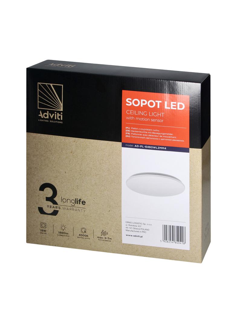 SOPOT plafon LED 18W z mikroflowym czujnikiem ruchu, 1880 lm, 4000K, klosz PVC, IP20 AD-PL-6460WLZMM4 ORNO